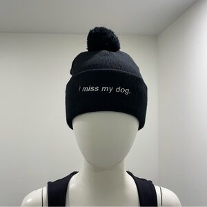 I Miss My Dog Black Toque with Pom Pom and White Print One Size